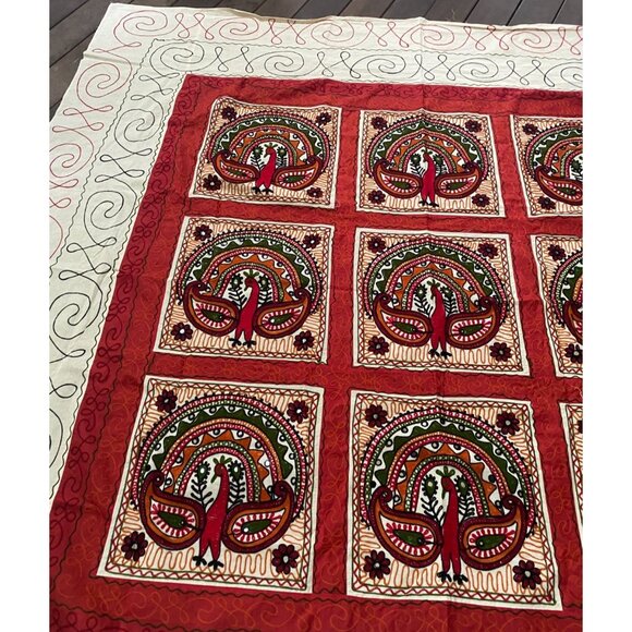 Block Embroidered Indian Cotton Peacock Quilt Light Boho Summer Bedspread Throw - Picture 5 of 16